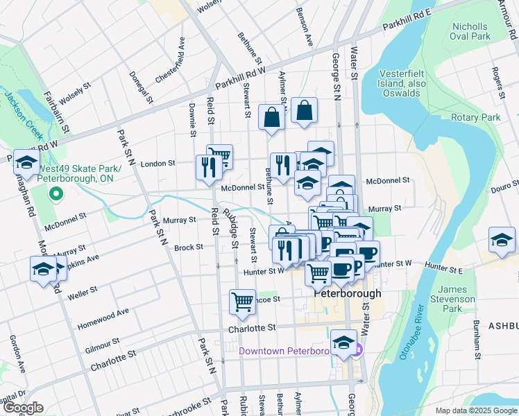 map of restaurants, bars, coffee shops, grocery stores, and more near in Peterborough