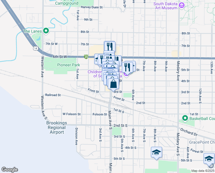 map of restaurants, bars, coffee shops, grocery stores, and more near 317 Main Avenue in Brookings