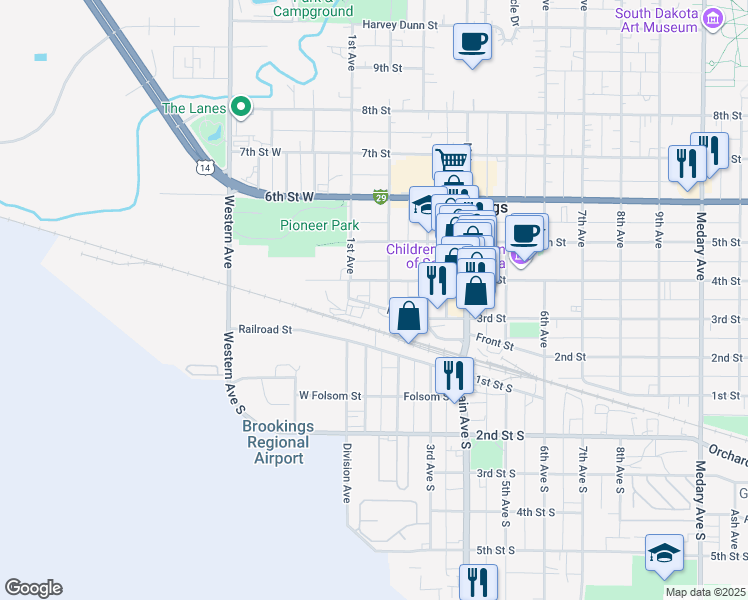 map of restaurants, bars, coffee shops, grocery stores, and more near 123 Front Street in Brookings