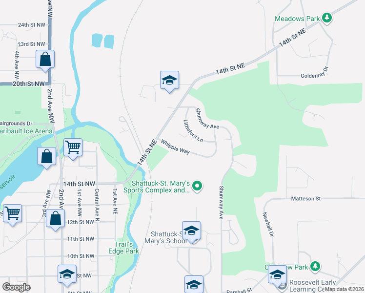 map of restaurants, bars, coffee shops, grocery stores, and more near 412 Whipple Way in Faribault