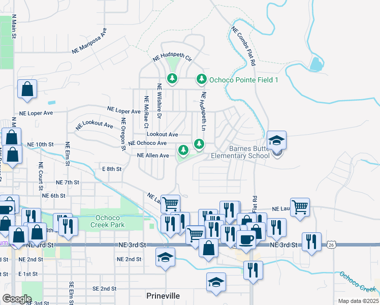 map of restaurants, bars, coffee shops, grocery stores, and more near 1288 Northeast Littleton Lane in Prineville