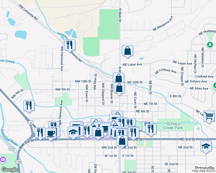 map of restaurants, bars, coffee shops, grocery stores, and more near 937 Northwest Beaver Street in Prineville
