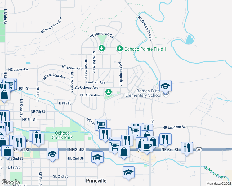 map of restaurants, bars, coffee shops, grocery stores, and more near 896 Northeast Hudspeth Lane in Prineville