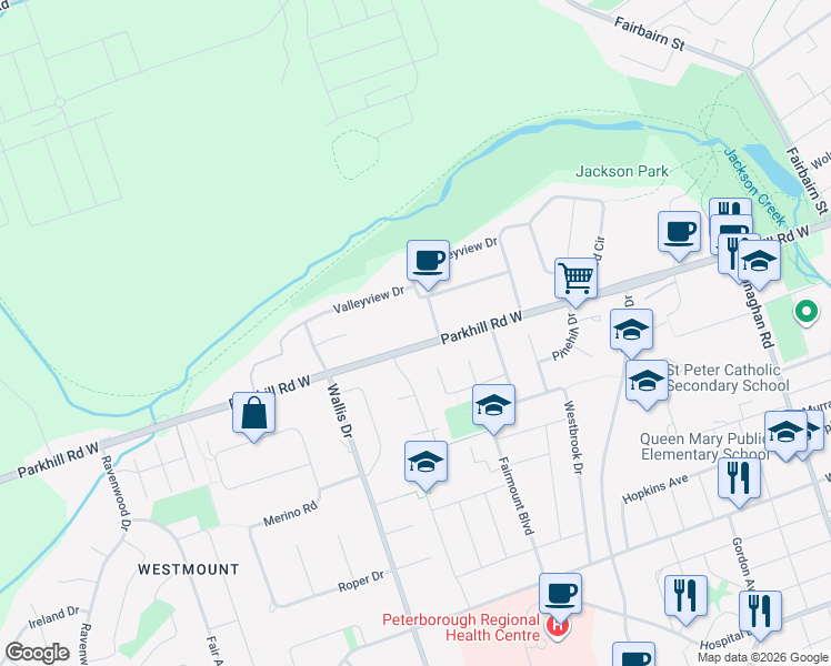 map of restaurants, bars, coffee shops, grocery stores, and more near 880 Parkhill Road West in Peterborough