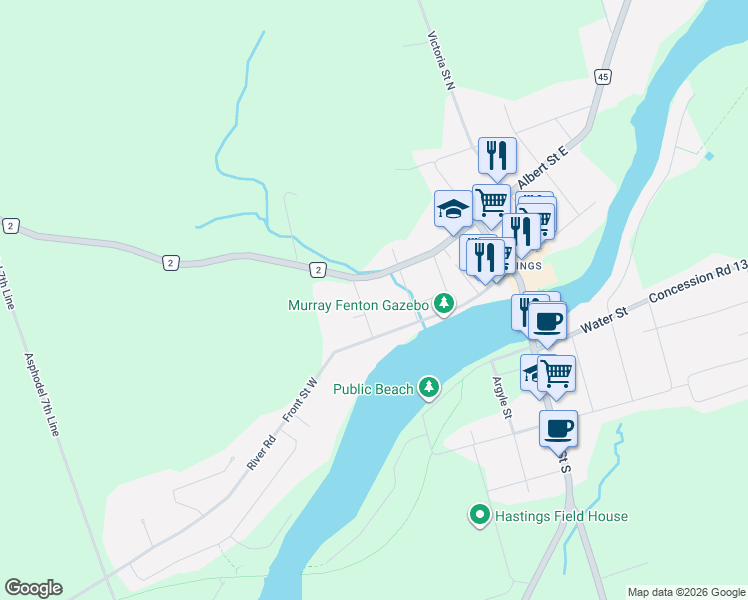 map of restaurants, bars, coffee shops, grocery stores, and more near 52 Elizabeth Street in Northumberland County
