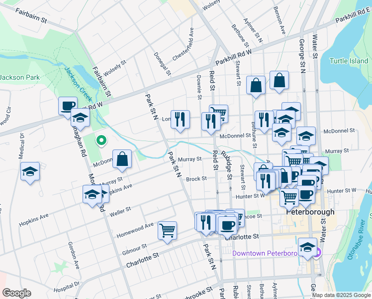 map of restaurants, bars, coffee shops, grocery stores, and more near 497 Donegal Street in Peterborough