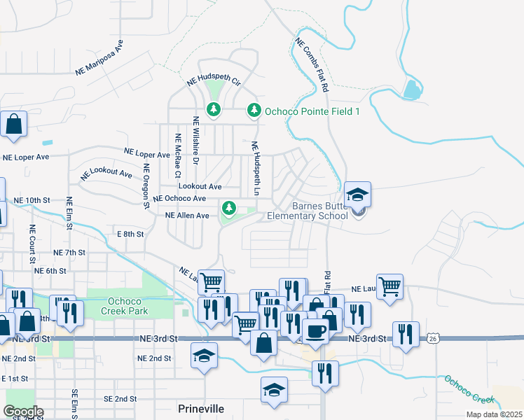 map of restaurants, bars, coffee shops, grocery stores, and more near 896 Northeast Hudspeth Lane in Prineville