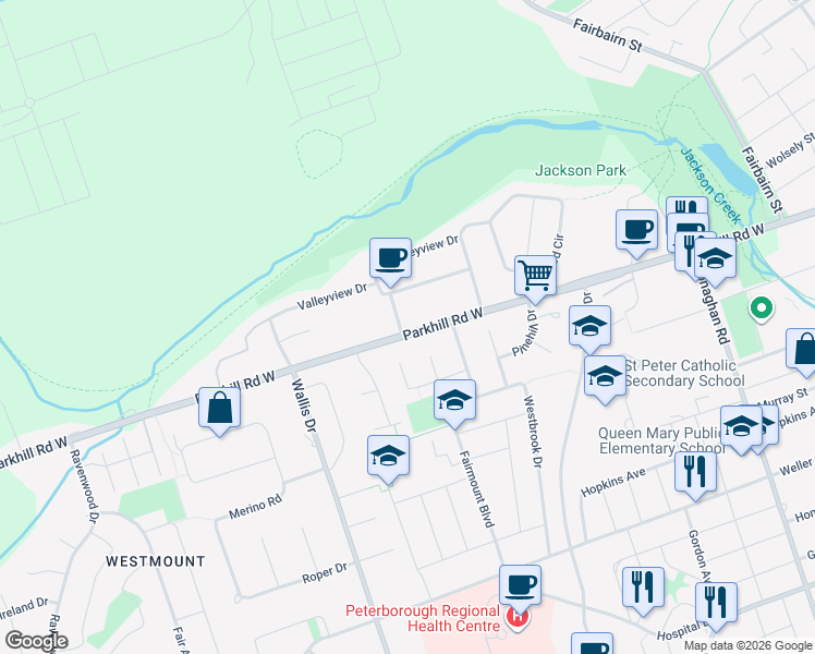 map of restaurants, bars, coffee shops, grocery stores, and more near in Peterborough
