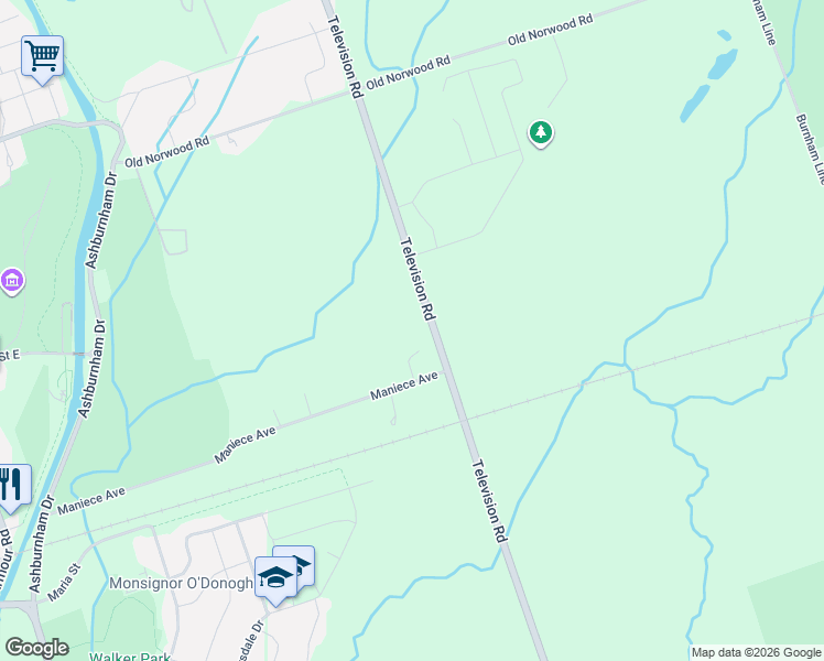 map of restaurants, bars, coffee shops, grocery stores, and more near 2444-2502 Television Road in Peterborough