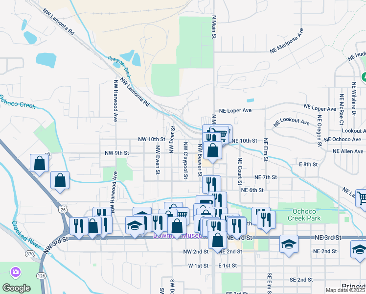 map of restaurants, bars, coffee shops, grocery stores, and more near 923 Northwest Claypool Street in Prineville