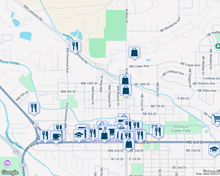 map of restaurants, bars, coffee shops, grocery stores, and more near 937 Northwest Beaver Street in Prineville