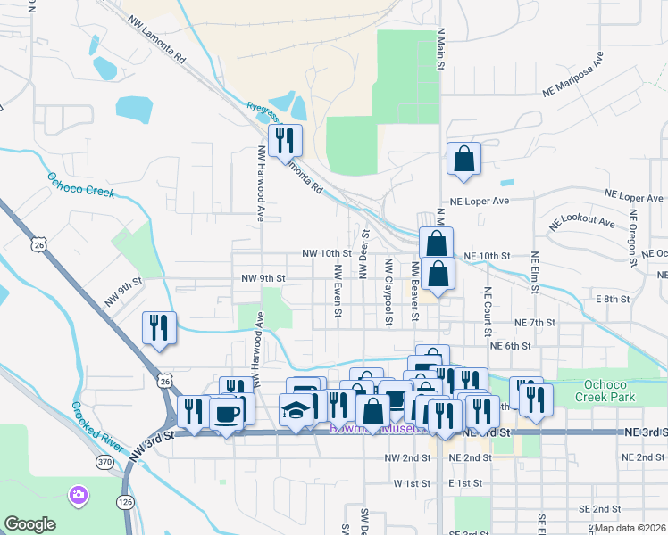 map of restaurants, bars, coffee shops, grocery stores, and more near 525 Northwest 9th Street in Prineville