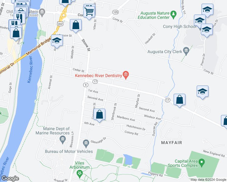 map of restaurants, bars, coffee shops, grocery stores, and more near 112 Eastern Avenue in Augusta