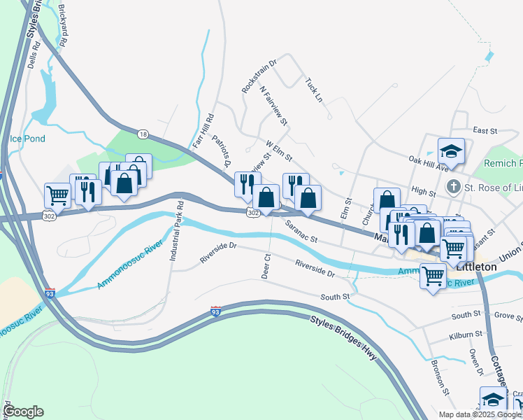 map of restaurants, bars, coffee shops, grocery stores, and more near 60 New Hampshire 10 in Littleton
