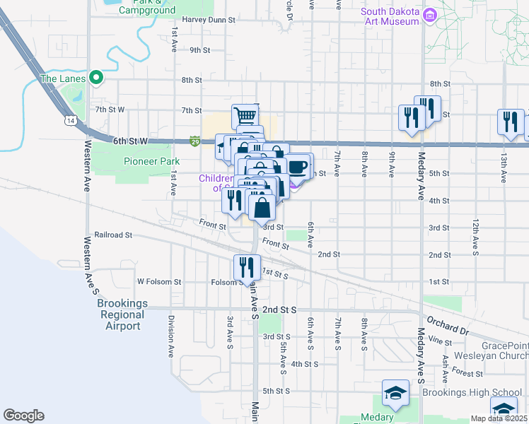 map of restaurants, bars, coffee shops, grocery stores, and more near 312 Main Avenue in Brookings