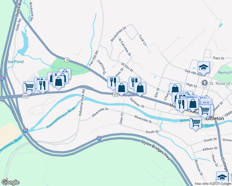 map of restaurants, bars, coffee shops, grocery stores, and more near 60 New Hampshire 10 in Littleton