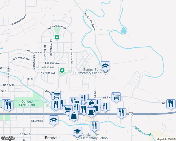 map of restaurants, bars, coffee shops, grocery stores, and more near 1480 Northeast Perspective Drive in Prineville