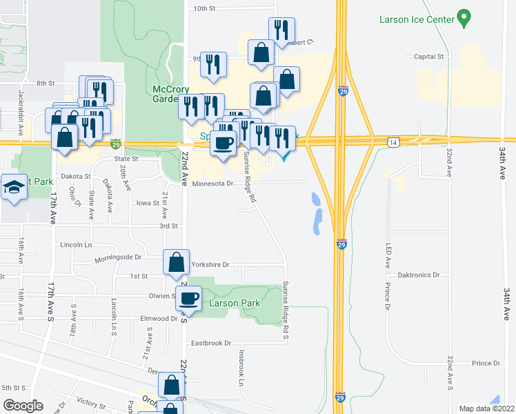 map of restaurants, bars, coffee shops, grocery stores, and more near 342 Sunrise Ridge Road in Brookings