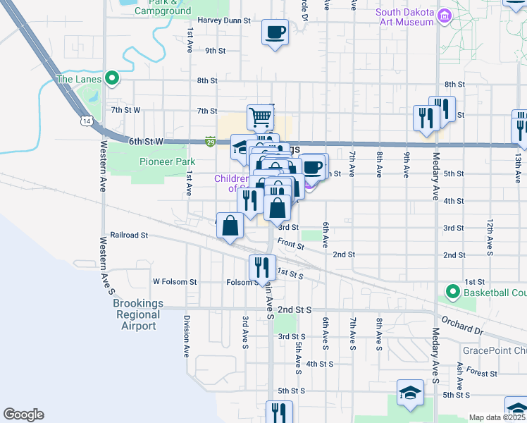 map of restaurants, bars, coffee shops, grocery stores, and more near 317 Main Avenue in Brookings