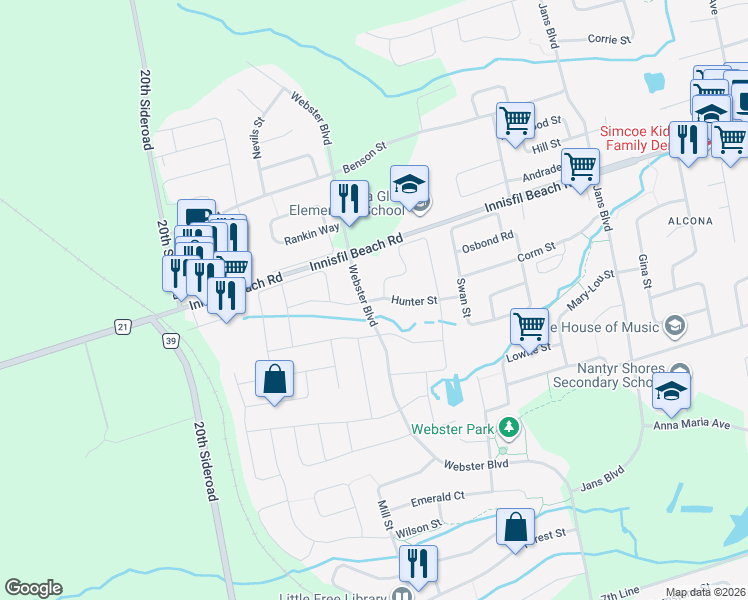 map of restaurants, bars, coffee shops, grocery stores, and more near Hunter Street in Innisfil
