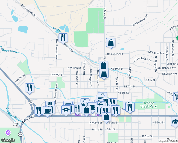 map of restaurants, bars, coffee shops, grocery stores, and more near 947 Northwest Claypool Street in Prineville
