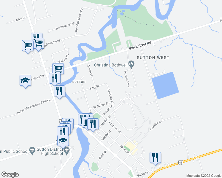 map of restaurants, bars, coffee shops, grocery stores, and more near 33 Georgina Street in Georgina