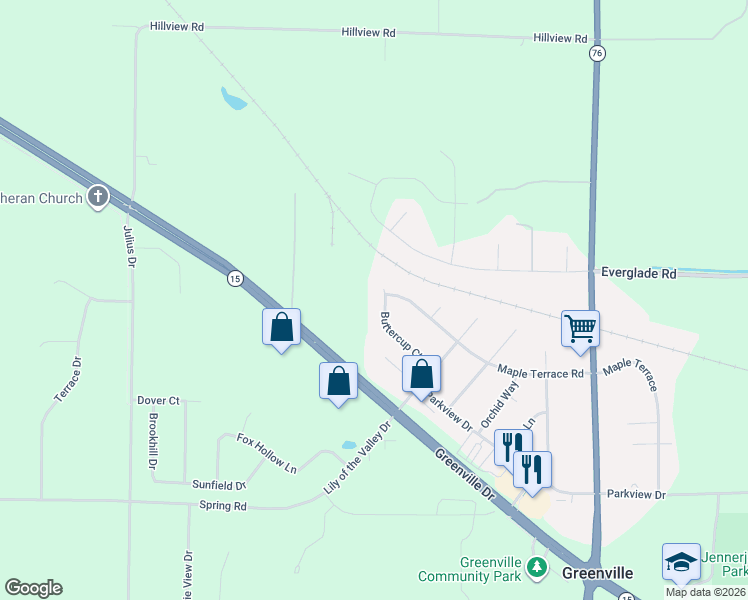 map of restaurants, bars, coffee shops, grocery stores, and more near W7079 Buttercup Court in Greenville