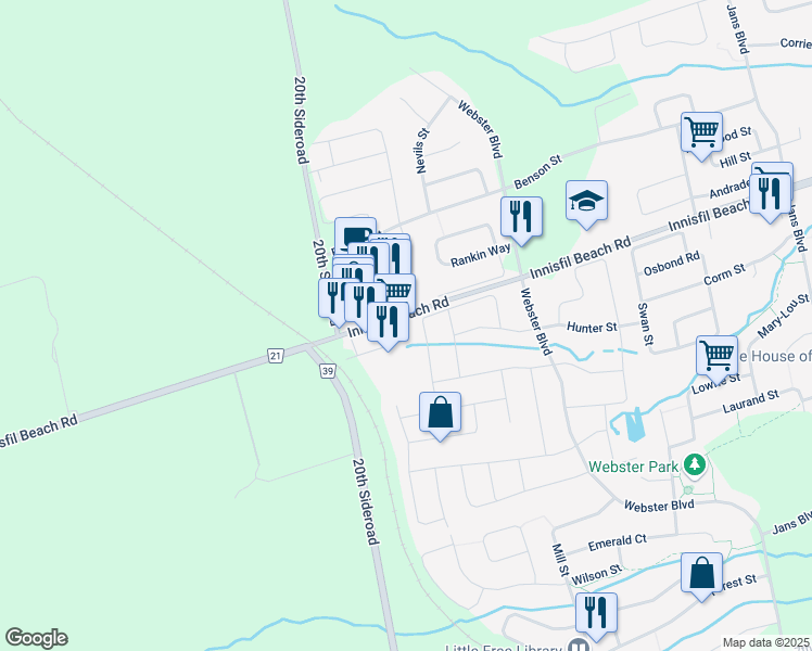 map of restaurants, bars, coffee shops, grocery stores, and more near 1455 Innisfil Beach Road in Innisfil