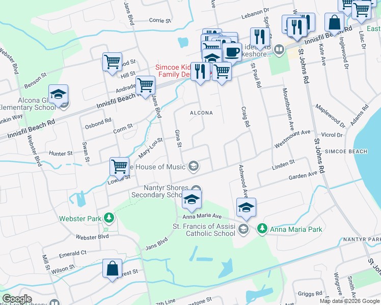 map of restaurants, bars, coffee shops, grocery stores, and more near 2040 Celeste Street in Innisfil