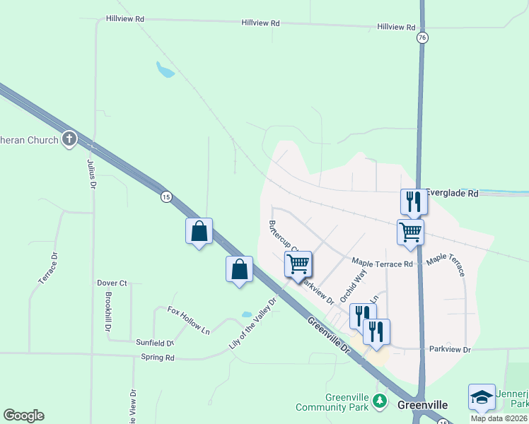 map of restaurants, bars, coffee shops, grocery stores, and more near W7079 Buttercup Court in Greenville