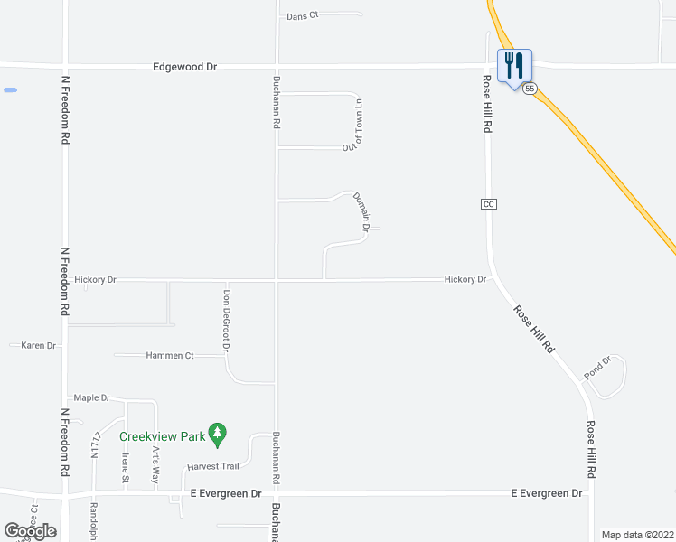 map of restaurants, bars, coffee shops, grocery stores, and more near W2232 Hickory Dr in Kaukauna