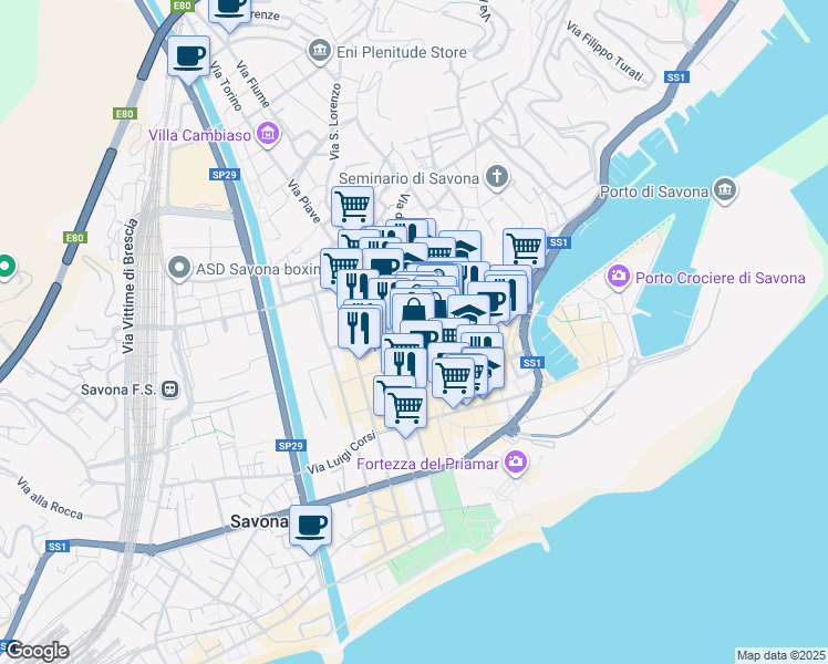 map of restaurants, bars, coffee shops, grocery stores, and more near 121R Corso Italia in Savona