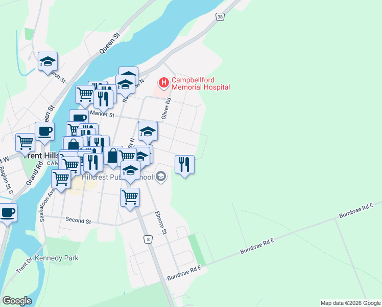 map of restaurants, bars, coffee shops, grocery stores, and more near 250 Naseby Street in Campbellford