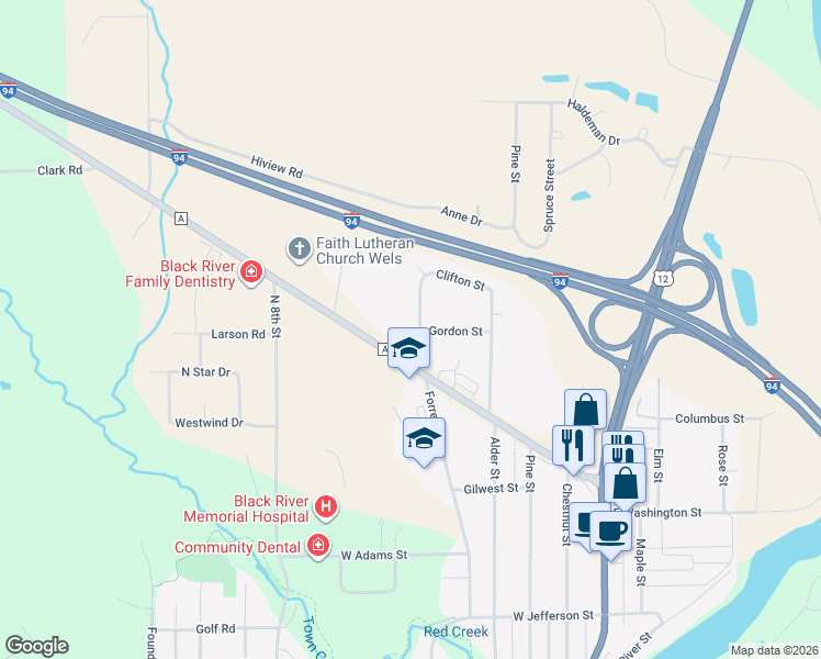 map of restaurants, bars, coffee shops, grocery stores, and more near 820 Forrest Street in Black River Falls