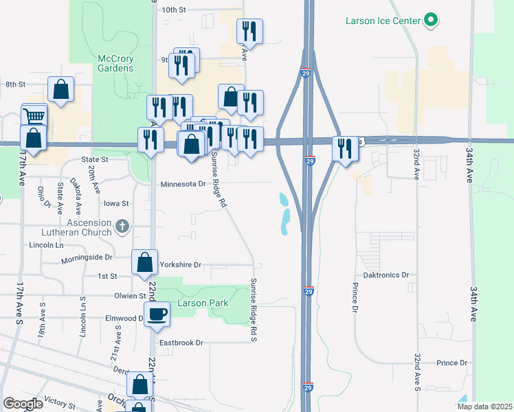 map of restaurants, bars, coffee shops, grocery stores, and more near 222 Sunrise Ridge Road in Brookings