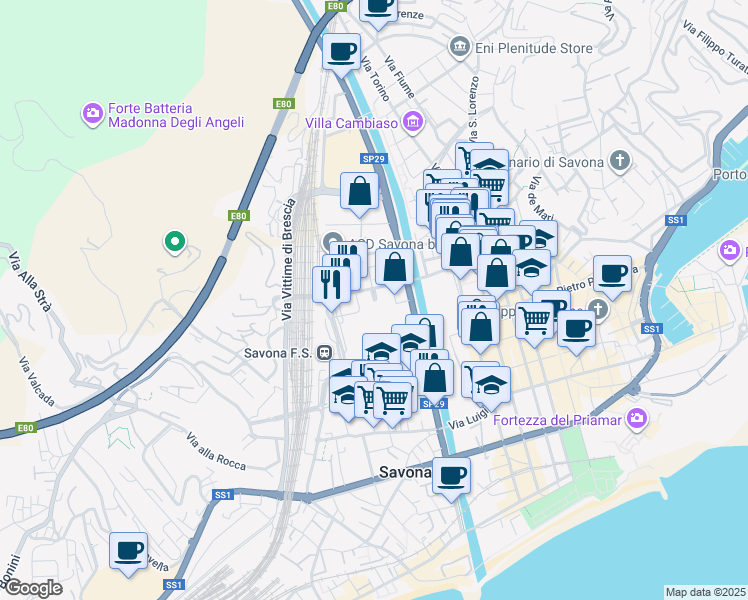 map of restaurants, bars, coffee shops, grocery stores, and more near 3 Via Angelo Bevilacqua in Savona