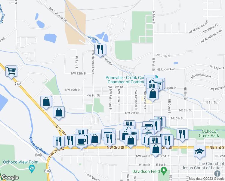 map of restaurants, bars, coffee shops, grocery stores, and more near 605 Northwest 9th Street in Prineville