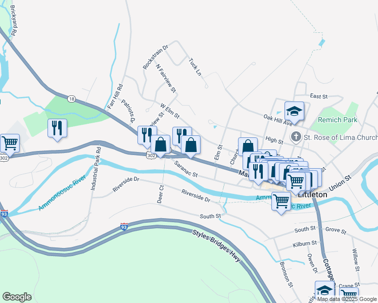 map of restaurants, bars, coffee shops, grocery stores, and more near 298 Main Street in Littleton