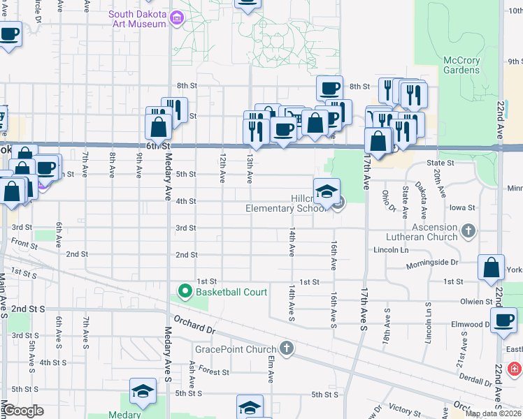 map of restaurants, bars, coffee shops, grocery stores, and more near 1302 4th Street in Brookings