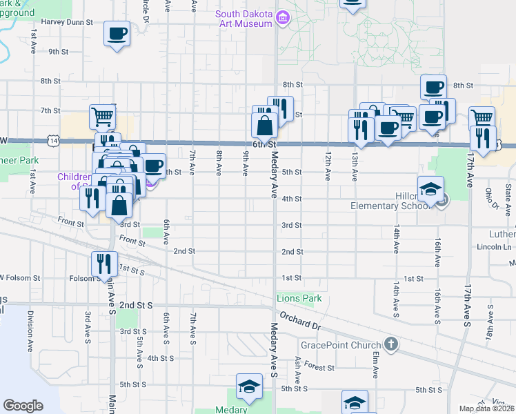 map of restaurants, bars, coffee shops, grocery stores, and more near 311 Medary Avenue South in Brookings