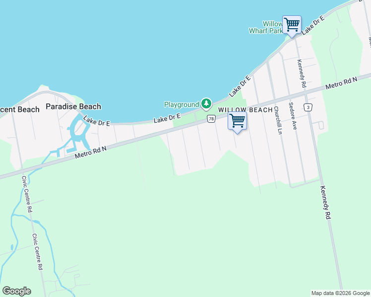 map of restaurants, bars, coffee shops, grocery stores, and more near Joel Avenue in Willow Beach