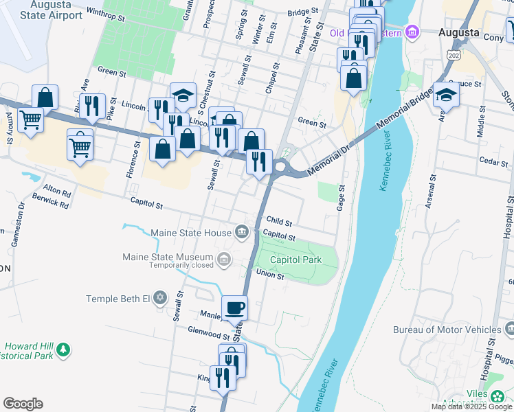 map of restaurants, bars, coffee shops, grocery stores, and more near 184 State Street in Augusta