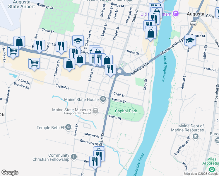 map of restaurants, bars, coffee shops, grocery stores, and more near 184 State Street in Augusta