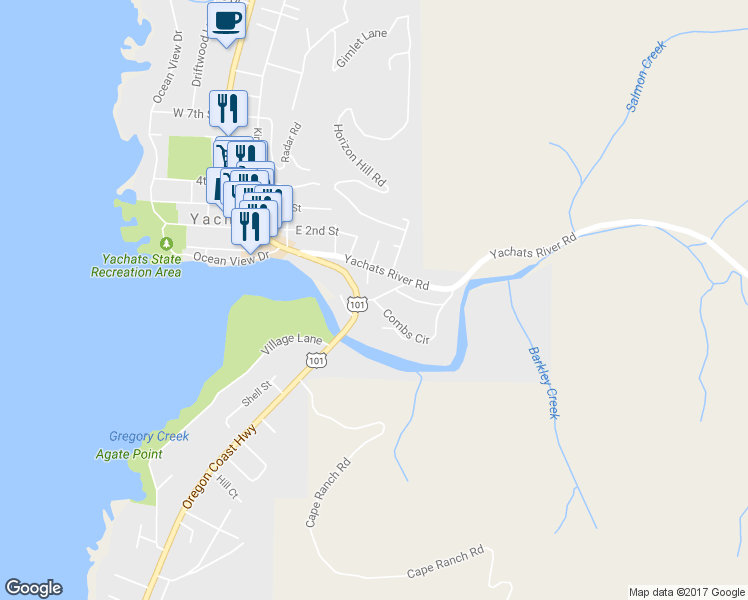 map of restaurants, bars, coffee shops, grocery stores, and more near 161 Combs Circle in Yachats