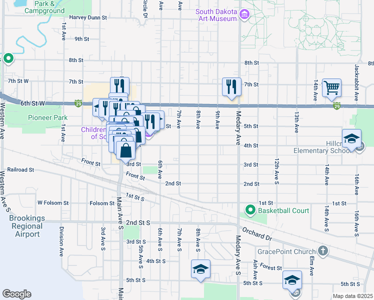 map of restaurants, bars, coffee shops, grocery stores, and more near 310 7th Avenue South in Brookings