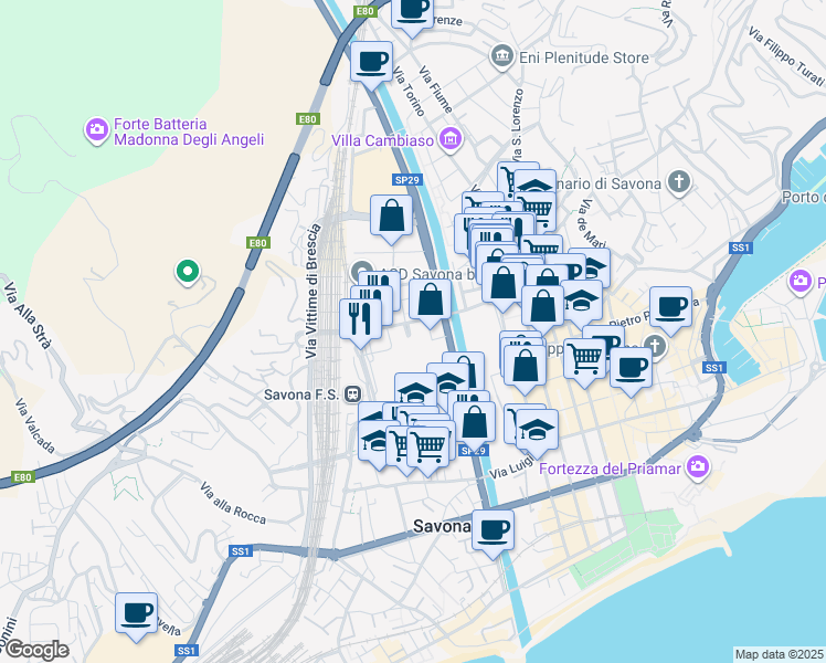map of restaurants, bars, coffee shops, grocery stores, and more near 3 Via Angelo Bevilacqua in Savona