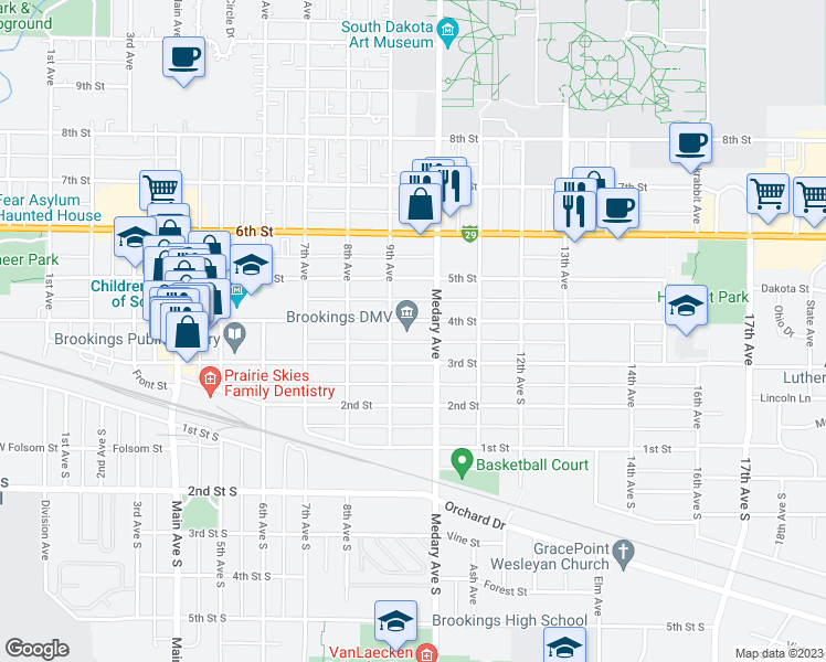 map of restaurants, bars, coffee shops, grocery stores, and more near 910 4th Street in Brookings