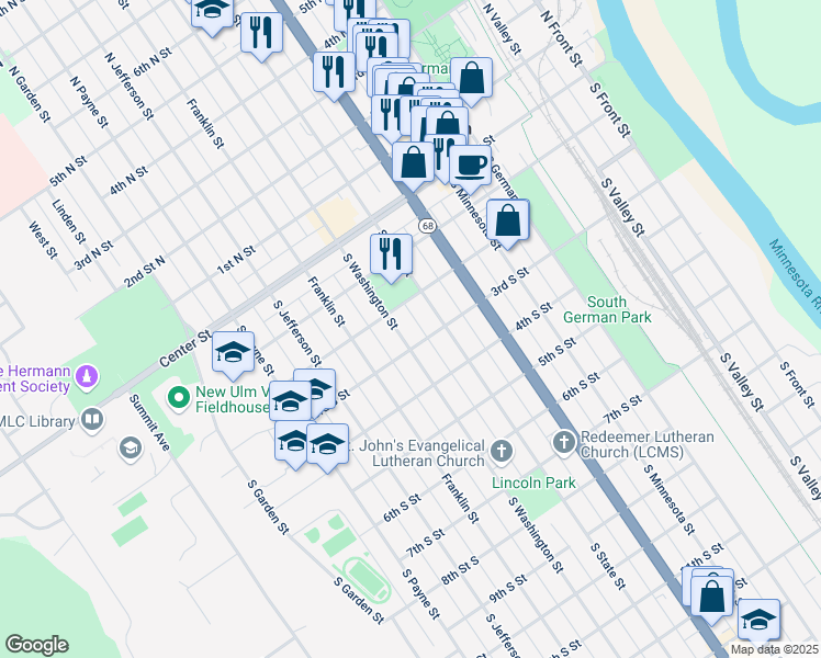 map of restaurants, bars, coffee shops, grocery stores, and more near 212 South Washington Street in New Ulm