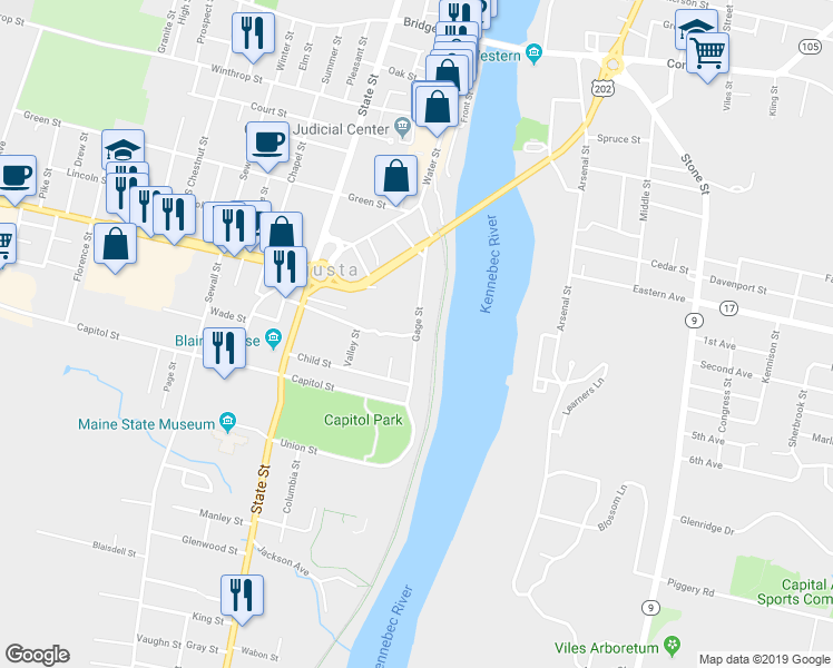 map of restaurants, bars, coffee shops, grocery stores, and more near 63 Gage Street in Augusta