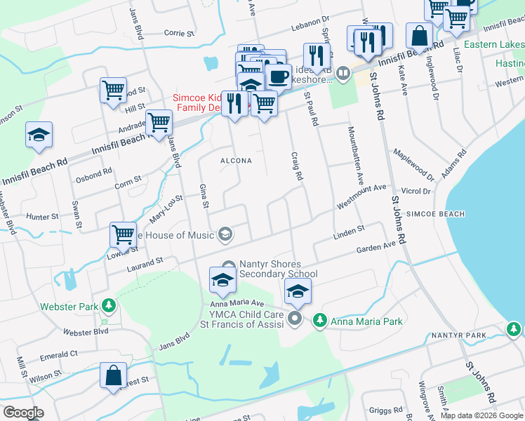 map of restaurants, bars, coffee shops, grocery stores, and more near 1986 Annecca Street in Innisfil